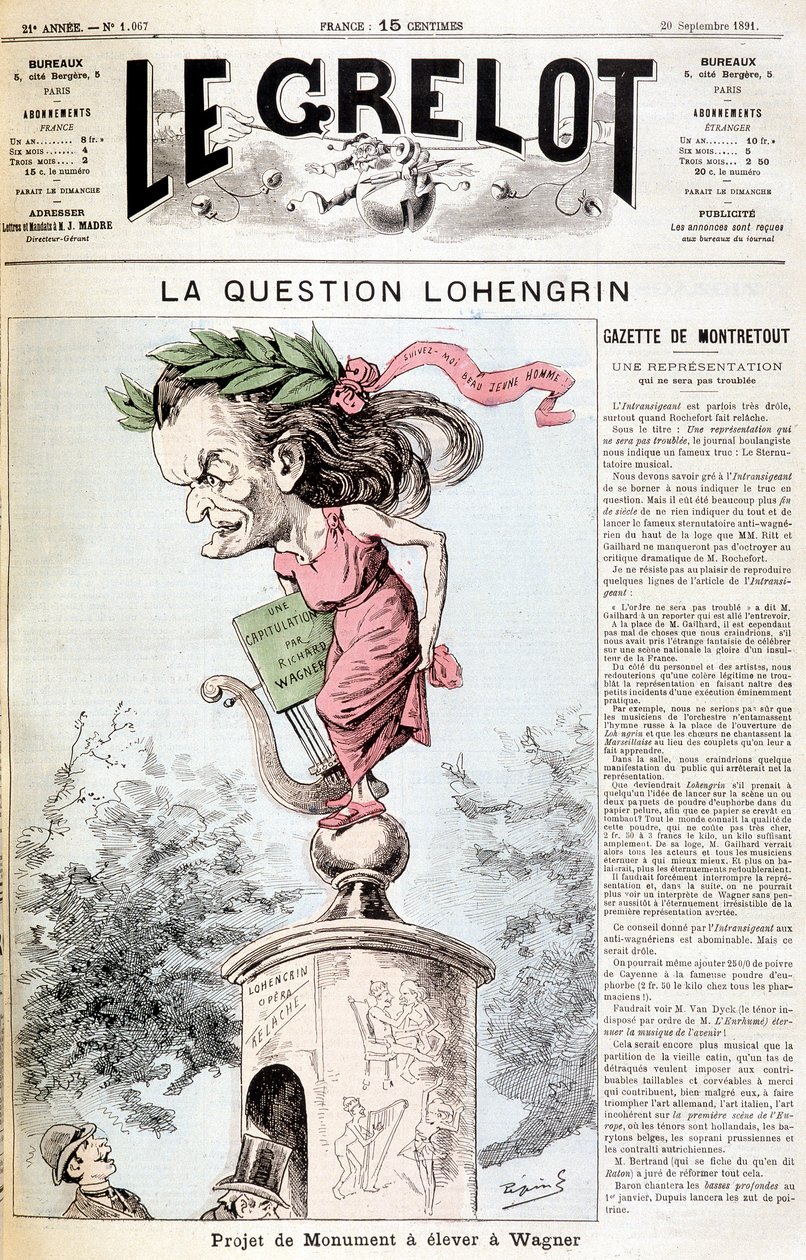La cuestión de Lohengrin: Proyecto de monumento para ser erigido en Wagner - en “Le Grelot” del 20/09/1891 de Unknown artist