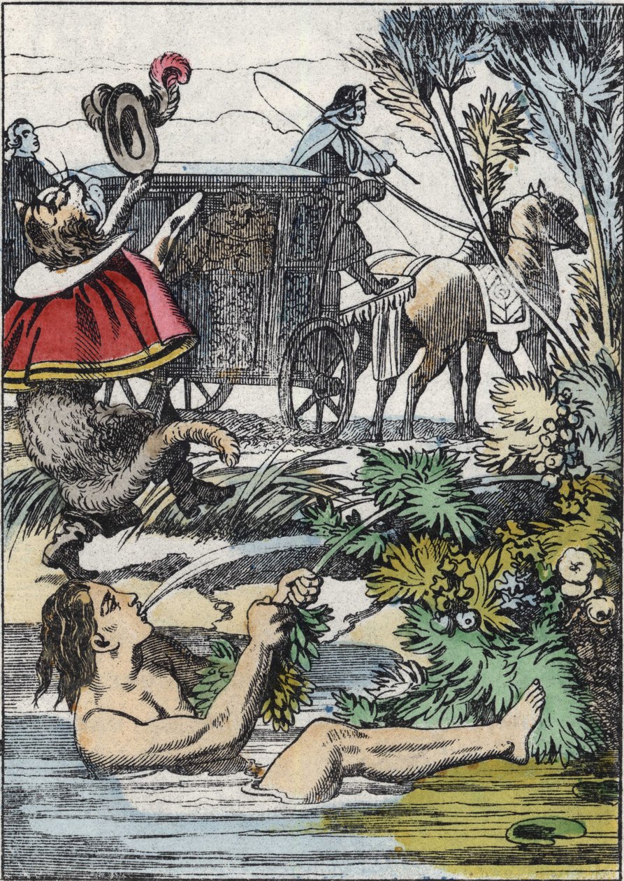El Marqués de Carabás finge ahogarse mientras el gato con botas pide ayuda. Ilustración del cuento “El gato con botas” de Charles Perrault. de Unknown artist