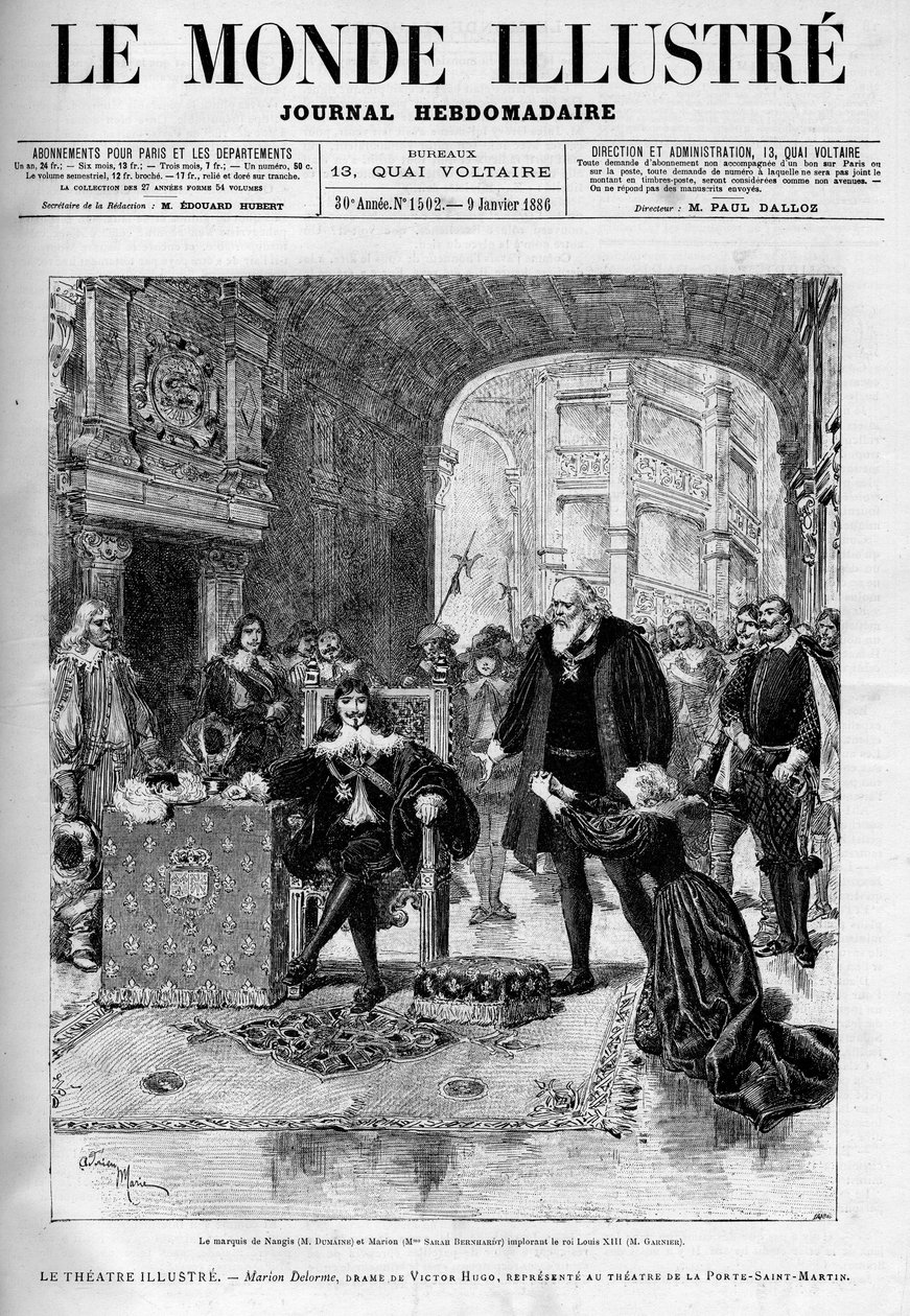 El Marqués de Nangis (interpretado por Dumaine) y Marion (por Sarah Bernhardt) implorando al Rey Luis XIII (Garnier). Obra de teatro "Marion Delorme", drama de Victor Hugo (1802-1885) representado en el teatro de la puerta de Saint Martin después de ser pr de Unknown artist