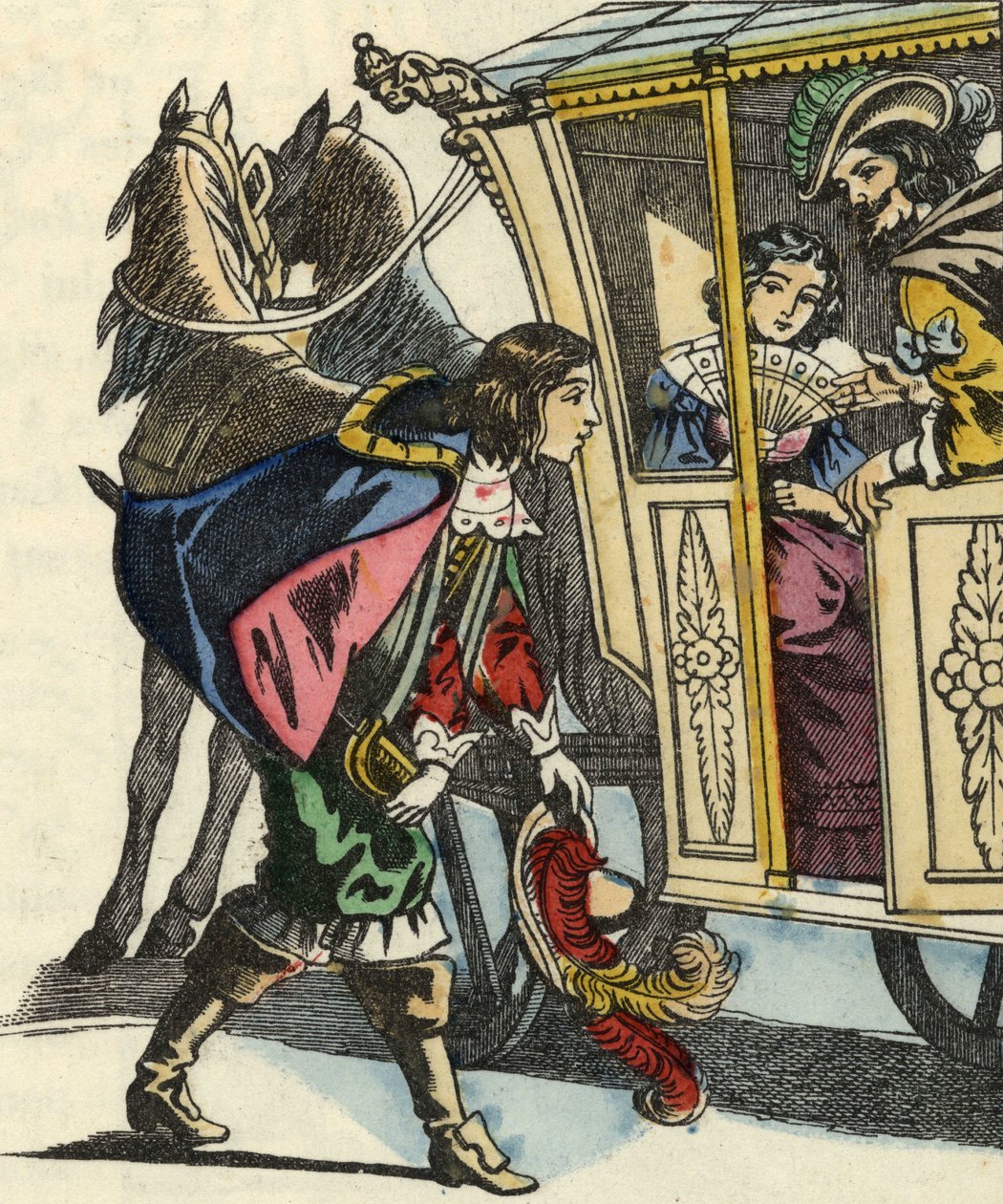 El Marqués de Carabás saluda al rey y a la princesa en su carruaje. Ilustración del cuento "El gato con botas" de Charles Perrault de Unknown artist