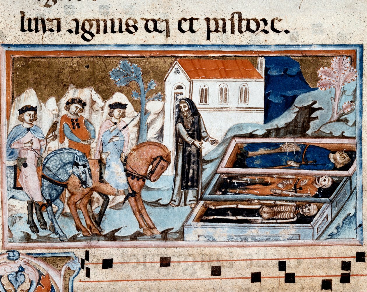 El Encuentro de los Tres Vivos y los Tres Muertos (o Dict). Los tres vivos y un ermitaño frente a los tres ataúdes presentando cadáveres en diferentes etapas de descomposición. Miniatura del 