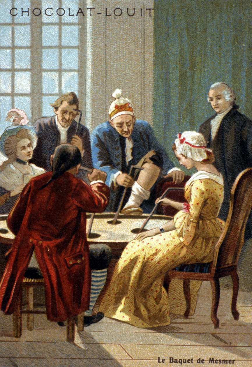 El cubo Mesmer (Frederic Antoine Mesmer - Franz Anton Mesmer). Experiencia de Mesmer (1734 - 1815), un médico alemán que afirmó haber descubierto el “magnetismo animal”. Cromolitografía del siglo XIX. de Unknown artist