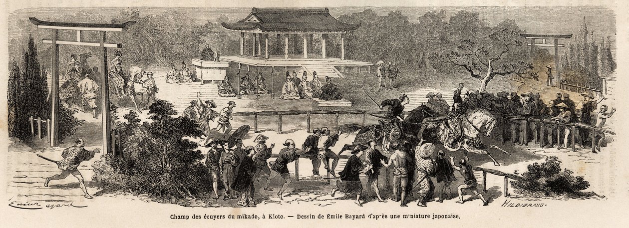 El Mikado (Emperador de Japón) escudero de campo en Kioto (o Kyoto), pista de entrenamiento y entrenamiento para caballos imperiales. Grabado para ilustrar el viaje a Japón, en 1863-1864, por Aime Humbert, ministro de la Confederación Suiza, en “Le tour du de Unknown artist
