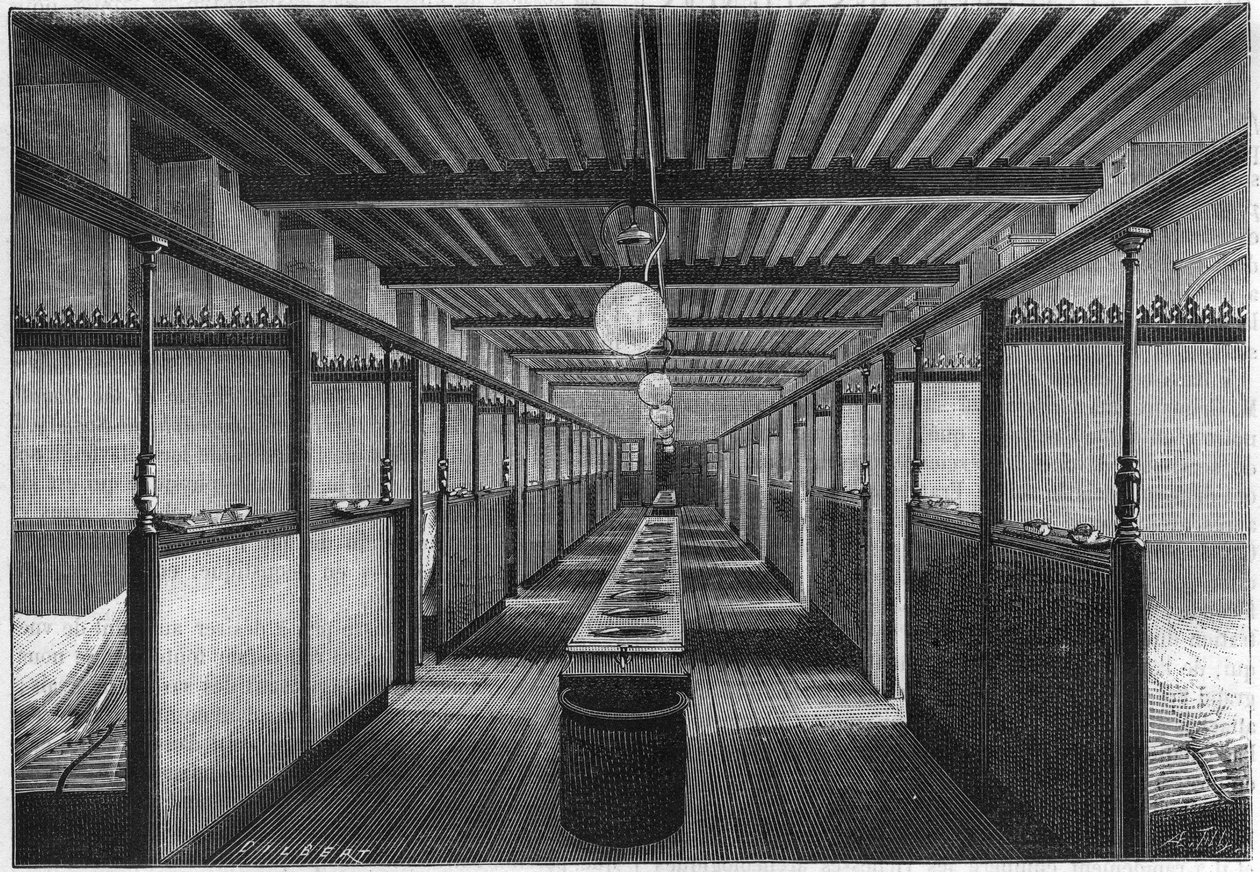 La Escuela Monge en 1884 en París. Un dormitorio con lavabos. en “Nature. Revue des sciences et de leurs applications aux arts et à l