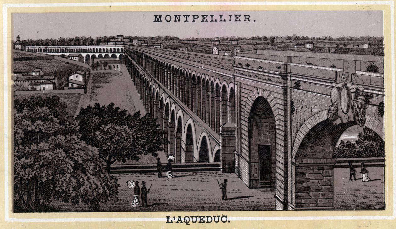 El Acueducto de Montpellier (Hérault, región de Languedoc-Rosellón). Cromolitografía de finales del siglo XIX de Unknown artist