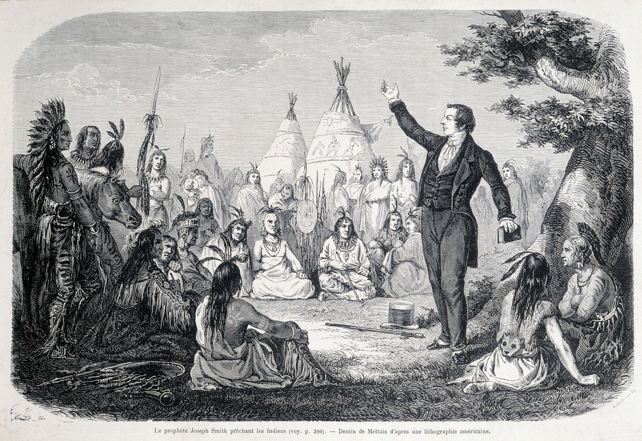 El profeta mormón Joseph Smith predicando a los indios (Norteamérica). Ilustración del siglo XIX de Unknown artist