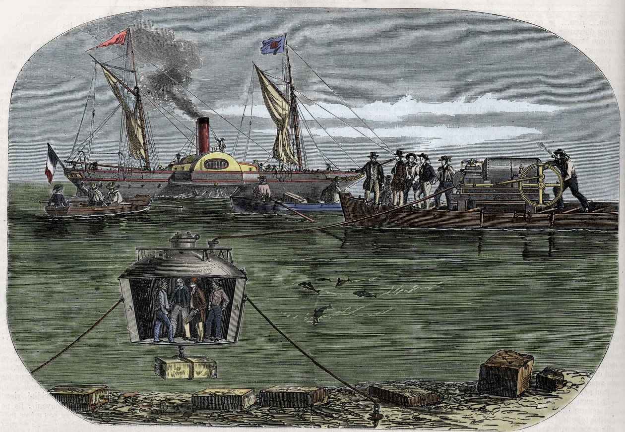 La campana de buceo "Nautilus" del Dr. Antoine Prosper Payerne experimentada en el Sena, París, y luego perfeccionada en los Estados Unidos. Grabado (1858) en Le "Monde illustré" de Unknown artist