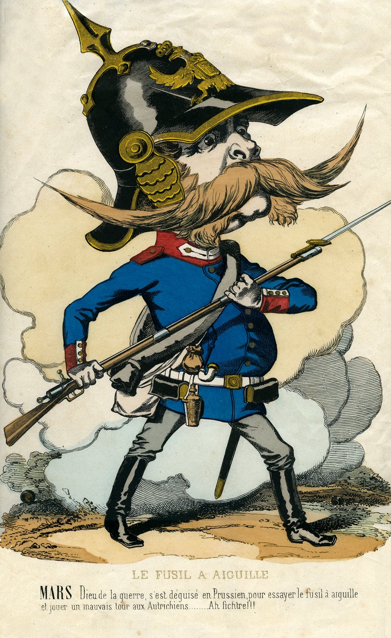 El Fusil de Aguja - Retrato de Otto Von Bismarck (1815-1898) Canciller de Prusia - Marte, dios de la guerra, disfrazado de prusiano para probar el fusil de aguja y jugar una mala pasada a los austriacos... Caricatura de Unknown artist