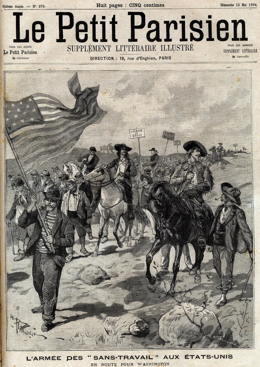 El ejército "Sin Trabajo" en los Estados Unidos en su camino a Washington. En abril tuvieron lugar huelgas en Pensilvania y Ohio y un ejército de hombres desempleados liderados por Jacob Coxey marchó a Washington para reclamar trabajo. Grabado en "Le Paris de Unknown artist