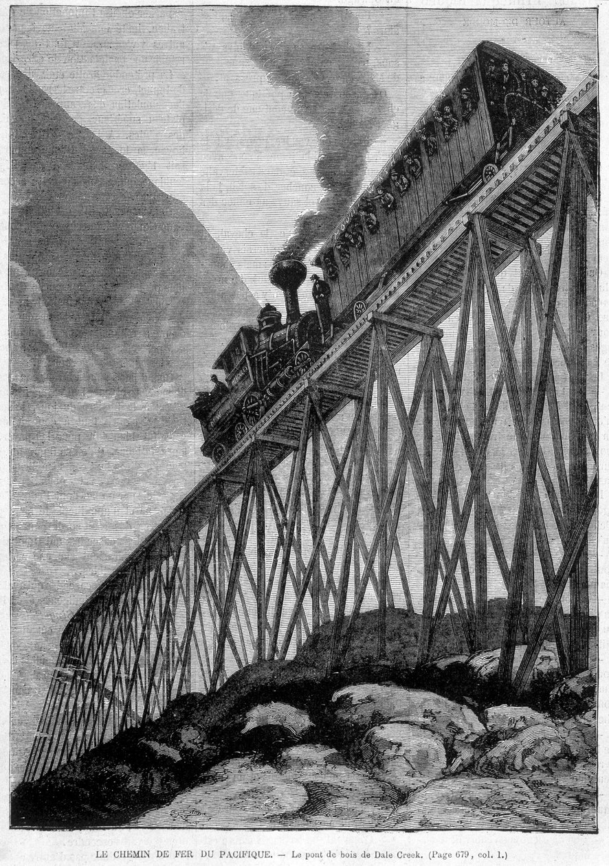 El ferrocarril del Pacífico en el puente de madera de Dale Creek - grabado, finales del siglo XIX de Unknown artist