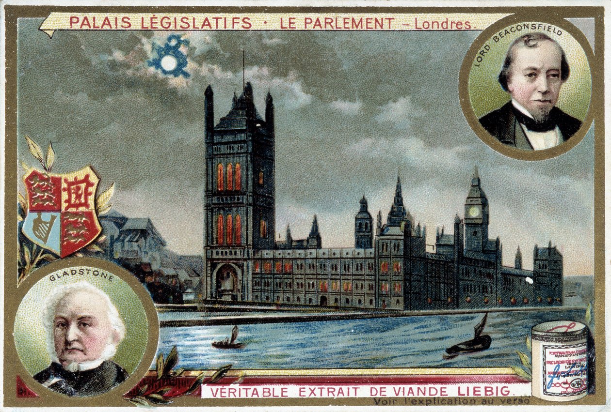 El Palacio de Westminster, o Parlamento de Londres (Inglaterra), con retratos de William Ewart Gladstone (1809-1898) y Benjamin Disraeli, Lord Beaconsfield (1804-1881) - cromolitografía de Liebig de Unknown artist