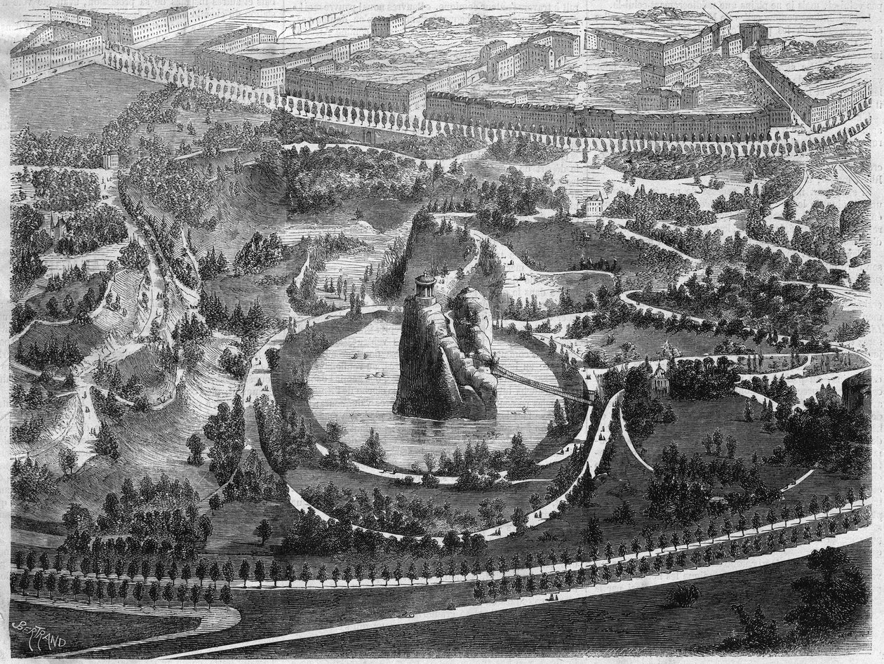 Parque de Buttes Chaumont, un jardín público en el distrito 19 de París construido bajo la iniciativa de Napoleón III, creado por el barón Haussmann (Georges Eugene Haussmann) de Unknown artist