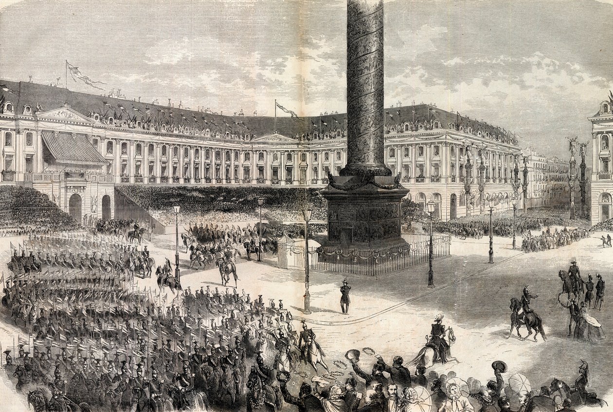 Las fiestas de París, el ejército de Italia desfilando ante el emperador en la Place Vendome - Guerra de Italia - Retorno de las tropas, Place Vendome, en París, saludos de Napoleón III de Unknown artist