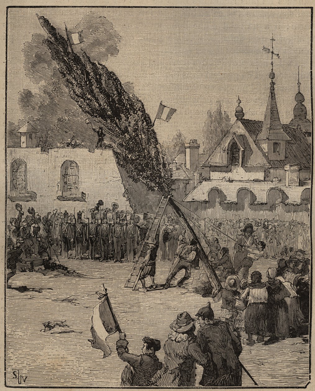 La plantación de un Árbol de la Libertad durante la Revolución (palo de la libertad) - Plantación de un Árbol de la Libertad (álamo) en Francia. Grabado de 1885 en “Les arts et metiers illustres” de Adolphe Bitard. de Unknown artist