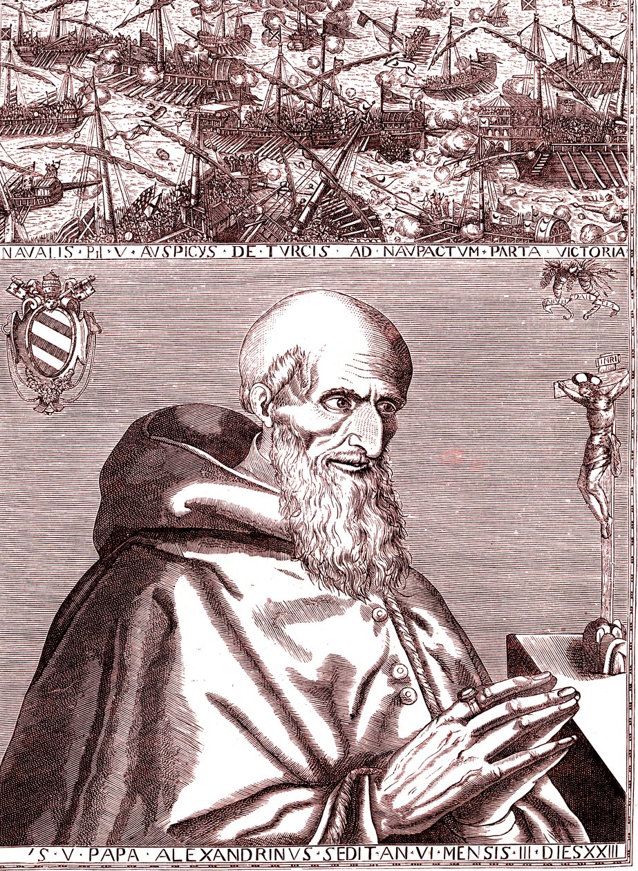 El Papa Pío V hace alianza con la flota española y la flota italiana de Venecia contra los turcos en la batalla de Lepante en octubre de 1571 de Unknown artist