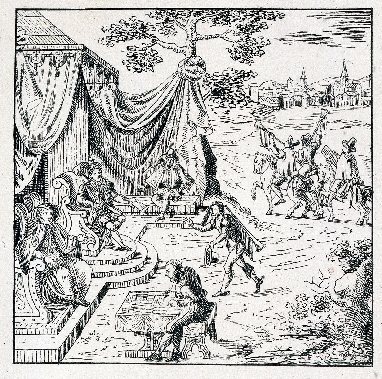 El Príncipe de Condé obtuvo de Carlos IX (1550-1574) un edicto por el cual permitió a los calvinistas ejercer su religión en el reino (Paz de Saint Germain firmada el 08/08/1570) - en “Colección de 39 figuras que representan las calamidades de Francia desd de Unknown artist