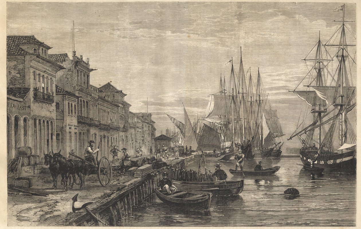El muelle de Boa Vista, en San Pedro de Río Grande del Sur, un puerto de Brasil - El muelle de Belle-Vue, en San Pedro de Río Grande (Brasil) - Capitanía de Sao Pedro do Rio Grande do Sul - Grabado de 