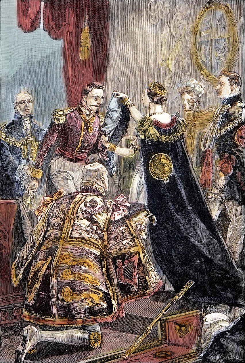La Reina Victoria invistiendo al Emperador de los Franceses con la Orden de la Jarretera en el Castillo de Windsor de Unknown artist
