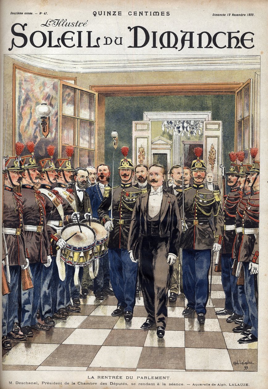 La Reapertura del Parlamento; el Sr. Paul Deschanel (1855-1922), Presidente de la Cámara de Diputados, asistiendo a la sesión. Grabado en "Le sun-du-dimanche", 19 de noviembre de Unknown artist