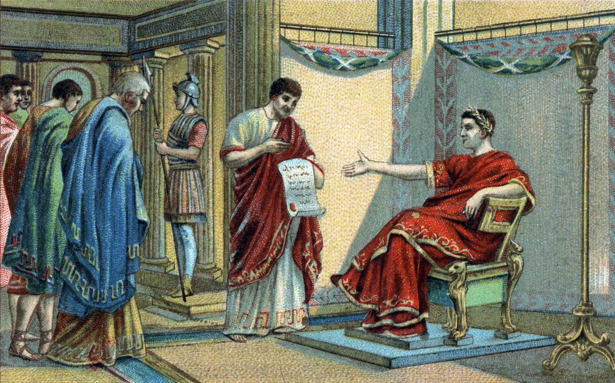 El emperador romano Constantino (272-337) estableció las primeras leyes religiosas sobre la igualdad de creencias. Cromolitografía de finales del siglo XIX. de Unknown artist