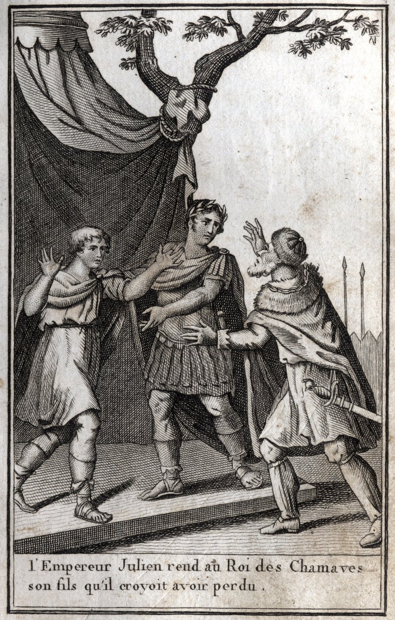 El emperador romano Juliano (Flavio Claudio Juliano, Juliano el Apóstata, Juliano el Filósofo, Juliano II) (332-363) devuelve al rey del pueblo germánico de los Chamavos a su hijo, a quien creía perdido. Siglo IV. Grabado en 