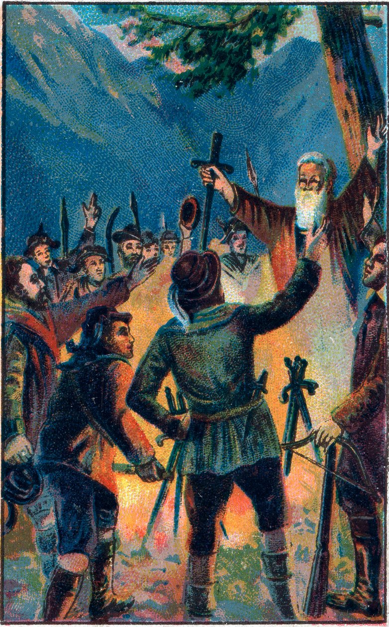 El juramento de Rutli (Rutlischwur) - juramento legendario de la Antigua Confederación Suiza - Los tres confederados suizos jurando lealtad a Ruetli - Le Oath du Grutli (Rutlischwur) (Patto del Grutli) mito fundacional de Suiza en 1307 Cromolitografía de f de Unknown artist