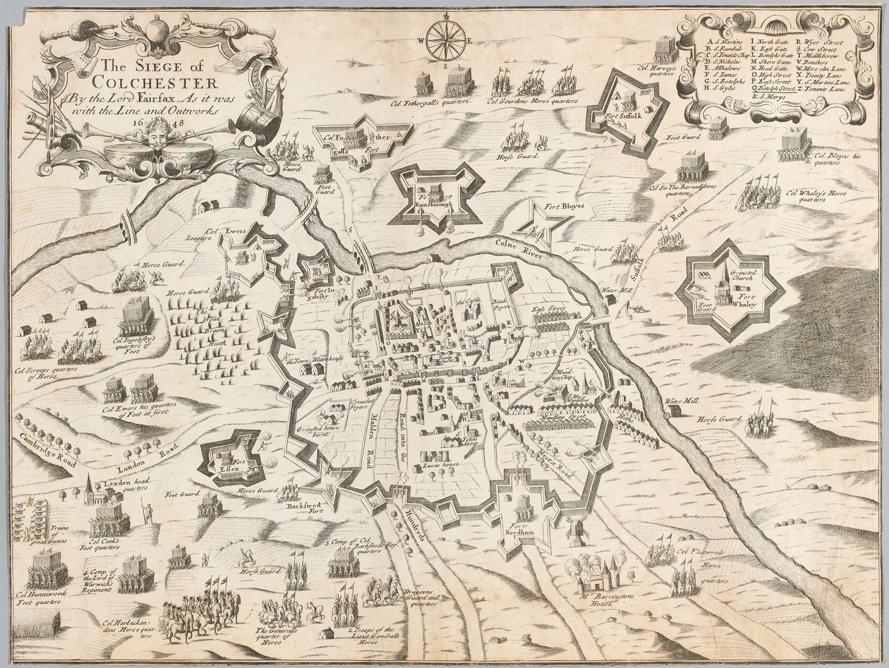 El asedio de Colchester por el Lord Fairfax, como fue con la línea y las obras exteriores 1648 (grabado) de Unknown artist