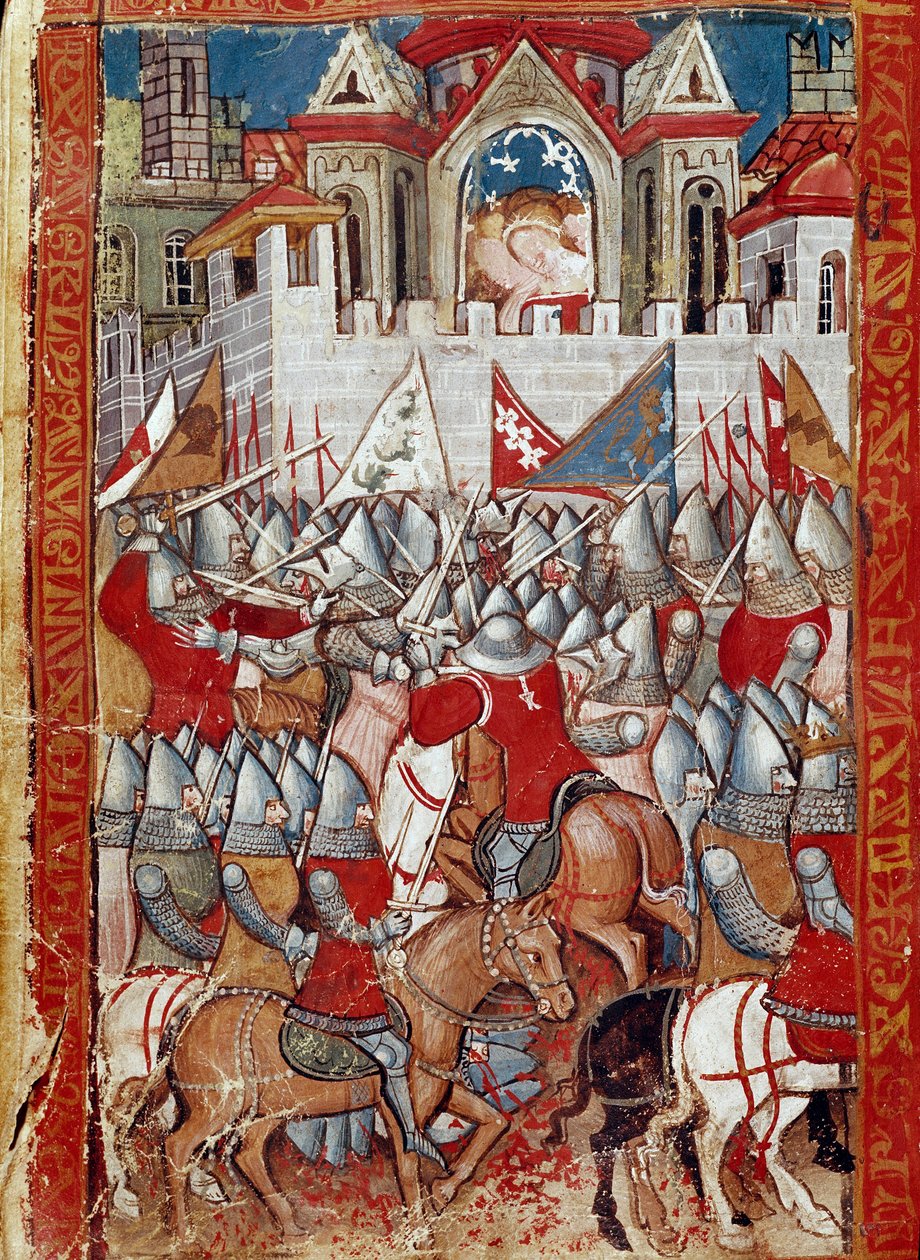 El asedio de Pamplona en España por Carlomagno, ganando contra los sarracenos. Miniatura de 