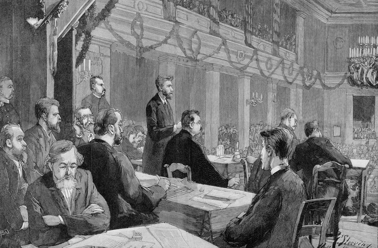 El Congreso Socialista de Halle (Sajonia) en 1890 en presencia de August Bebel, Grabado de 1890 de Unknown artist