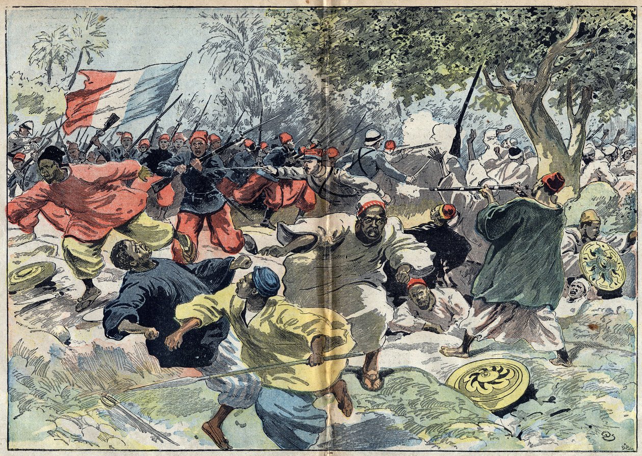 Las tropas sudanesas de Samory Toure (circa 1835-1900) fueron colocadas detrás de las orillas del río Cavalby por una colonia francesa bajo el mando del Teniente Walfel. Sudán, 9 de septiembre de 1898. Ilustración en "Le Pelerin" del 9 de octubre de Unknown artist