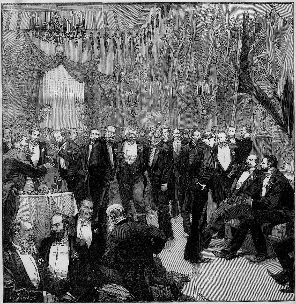 El banquete de Suez reunió a los financieros más importantes del mundo (Reunión de los miembros de la Comisión Internacional). Grabado en “Le Monde Illustré” de Unknown artist
