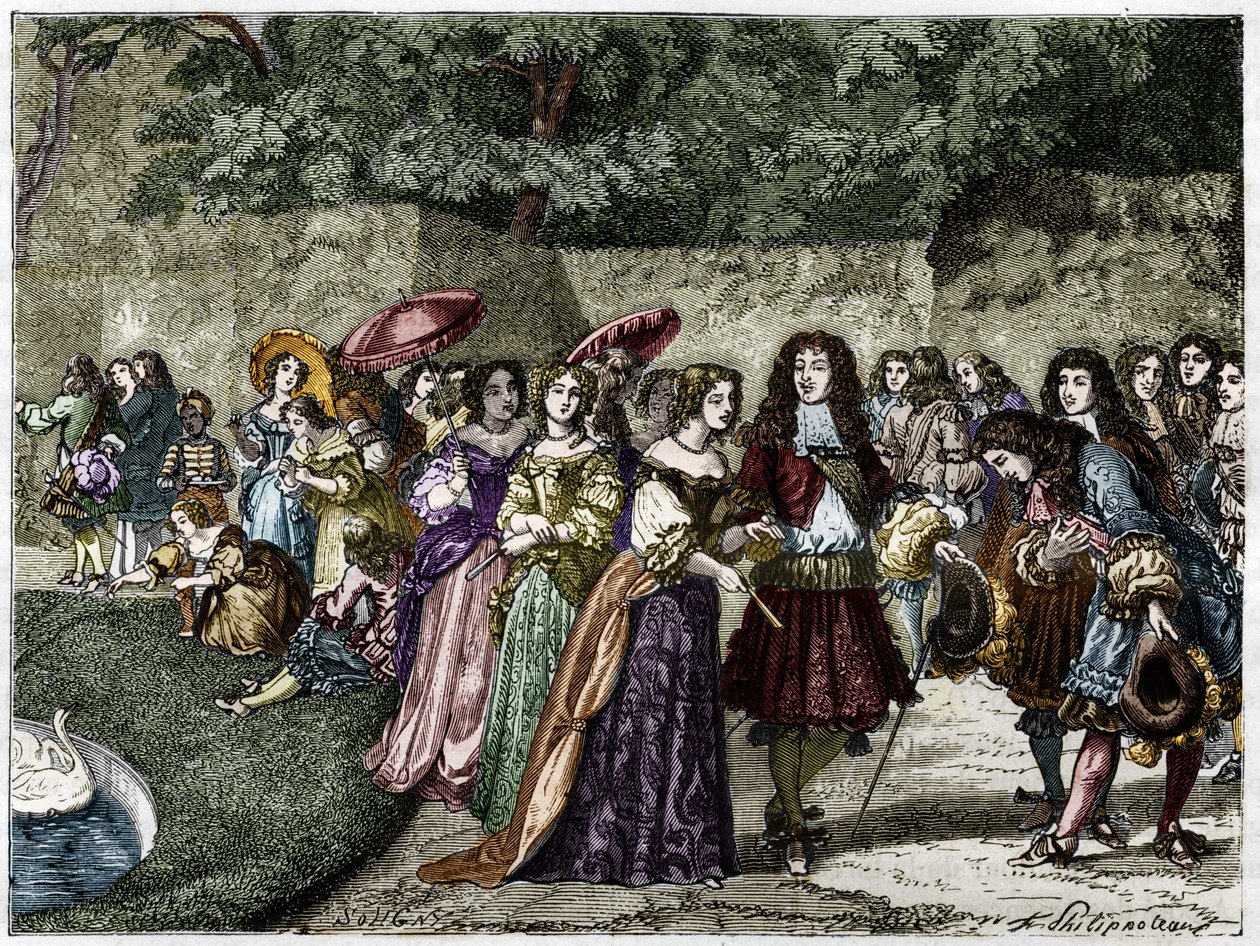 El Rey Sol (Luis XIV en los jardines de Versalles rodeado de su corte) (grabado del siglo XIX) de Unknown artist
