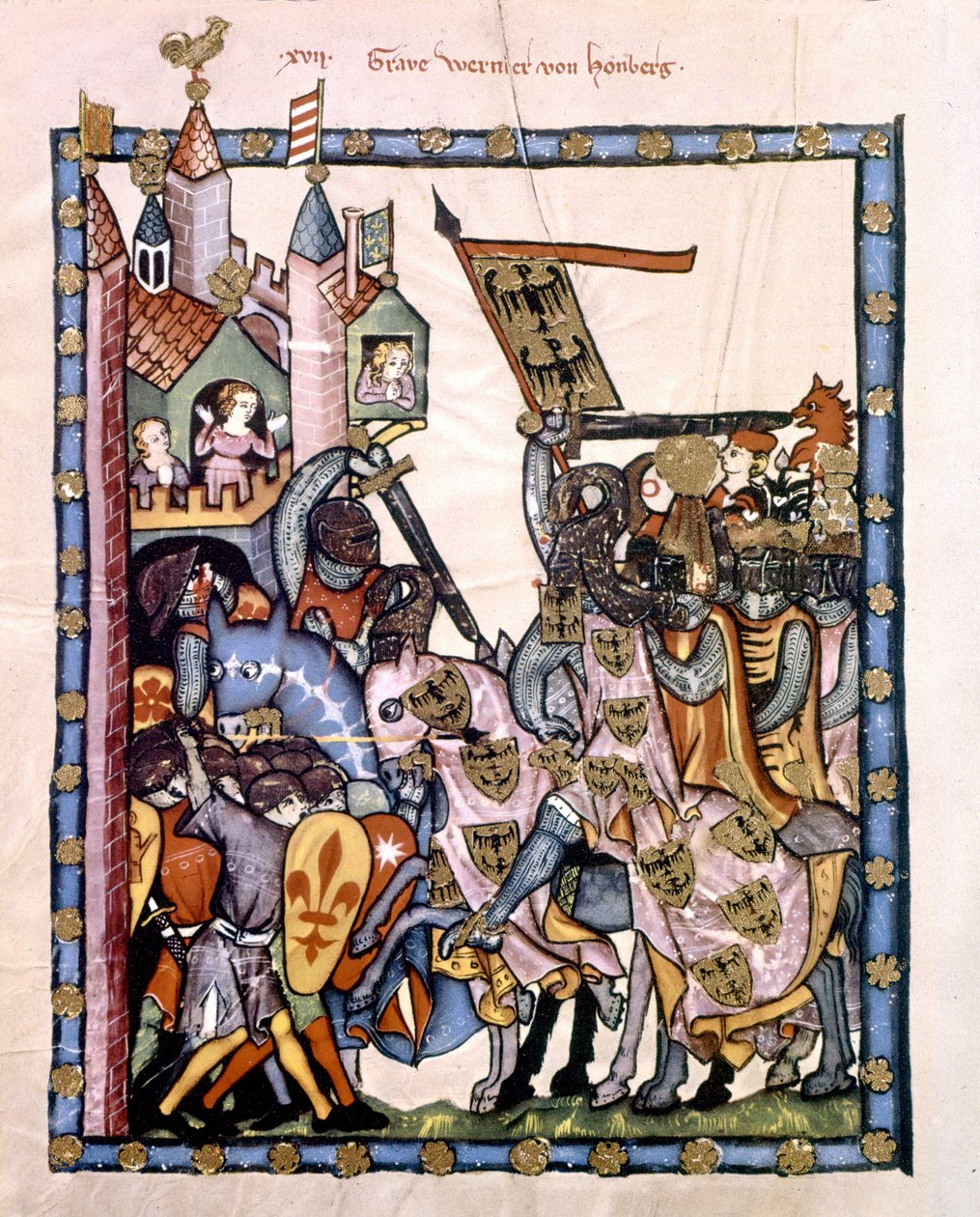 El poeta y caballero suizo Graf Werner von Homberg (1284-1320) al servicio del emperador Enrique VII asediando una fortaleza defendida por las tropas angevinas de Sicilia. Miniatura del Códice "Manesse" o "Manessesche Liederhandschrift" de Unknown artist