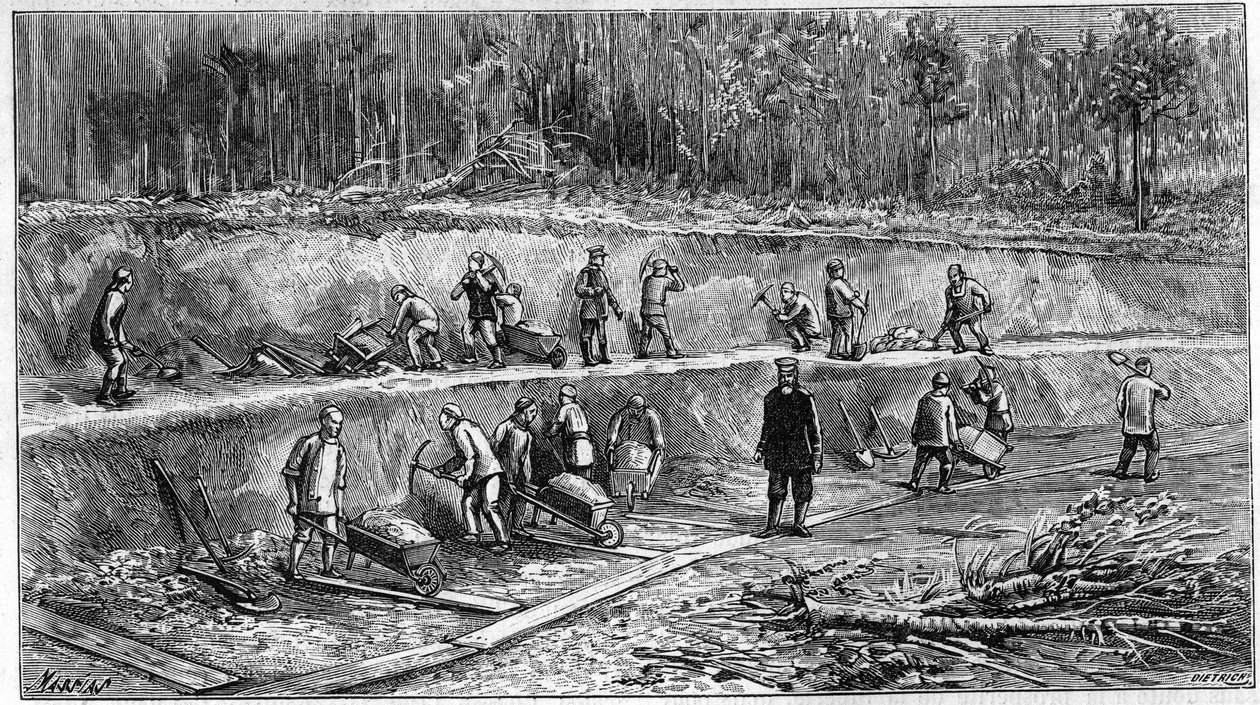 El Ferrocarril Transiberiano: sitio de trabajadores chinos. (De una fotografía). Grabado en "La Nature: revue des sciences et de leurs aplicaciones aux arts et a l