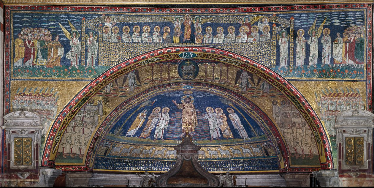 La visión de la Jerusalén celestial: los elegidos son recibidos por los ángeles. Abajo, el cordero de Dios. (detalle) de Unknown artist