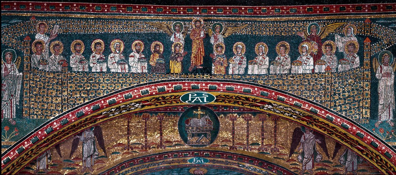 La visión de la Jerusalén celestial: Los elegidos son recibidos por los ángeles. Abajo, el cordero de Dios. (detalle) de Unknown artist