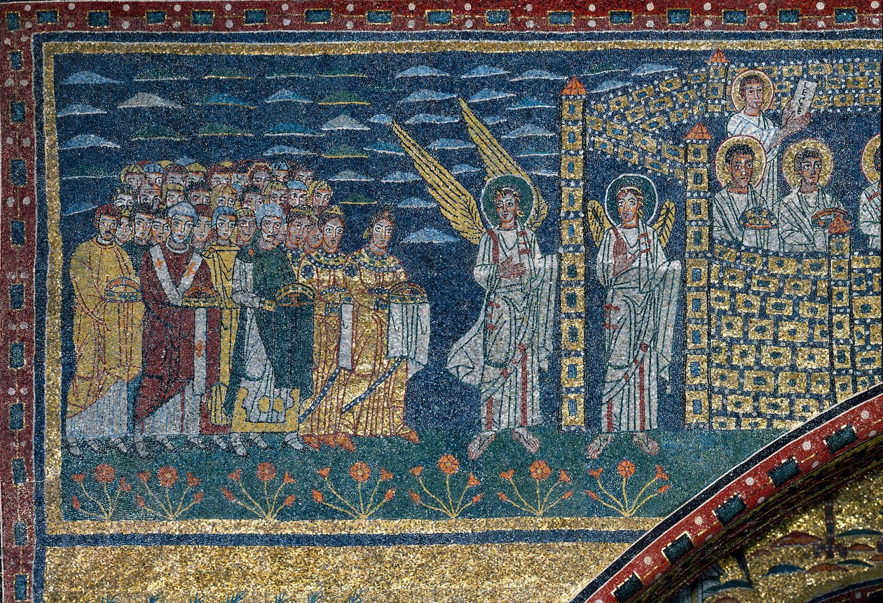 La visión de la Jerusalén celestial: Los elegidos se dirigen hacia la ciudad custodiada por ángeles. (detalle) de Unknown artist