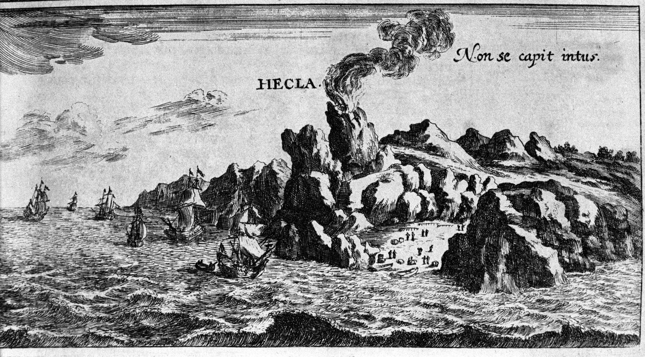 El volcán Hekla en la costa de Islandia - en Mundi Mirabilis Oeconomia por Johamm Zahn, sd. 1696. de Unknown artist