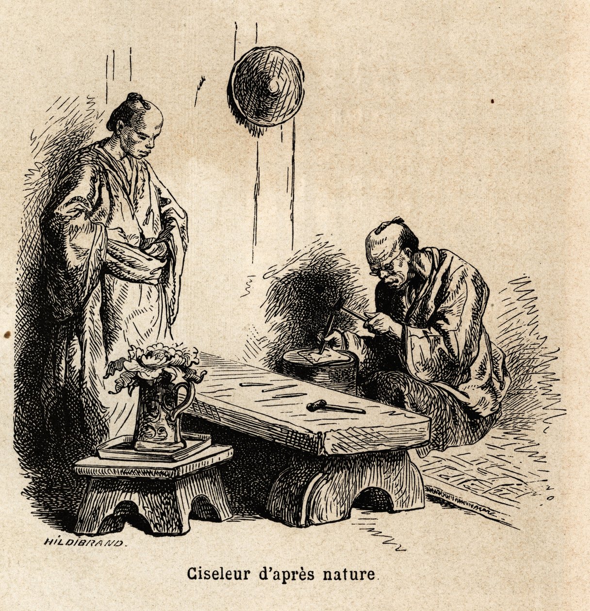 El cincelador después de la naturaleza. Grabado para ilustrar el viaje a Japón en 1863-1864, por Aime Humbert, ministro de la Confederación Suiza, en “Le tour du monde, nouveau journal des voyages”, publicado bajo la dirección de Edouard Charton de Unknown artist