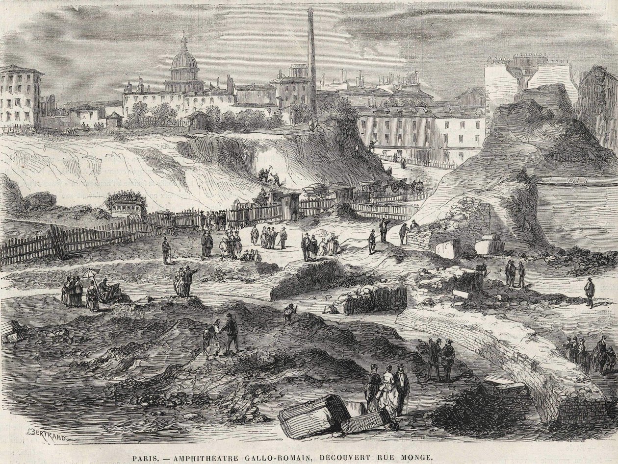 El anfiteatro Gallo Romano descubierto en la Rue Monge en París en 1870, hoy las Arenas de Lutecia. Grabado del siglo XIX. de Unknown artist
