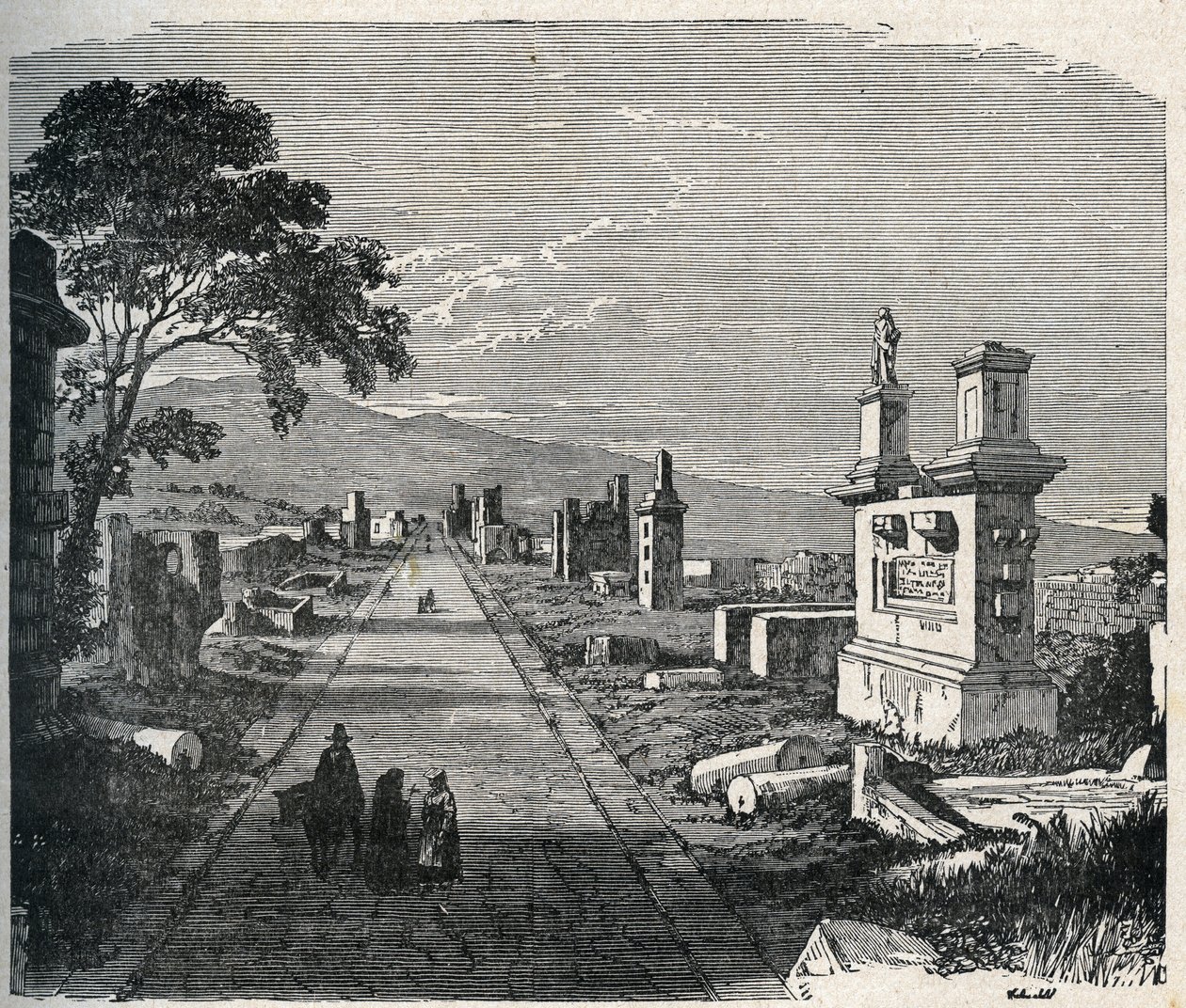 La antigua ruta Apia, via appia cruzando los pantanos pontinos (Agro pontino) cerca de Roma. Grabado del siglo XIX. de Unknown artist