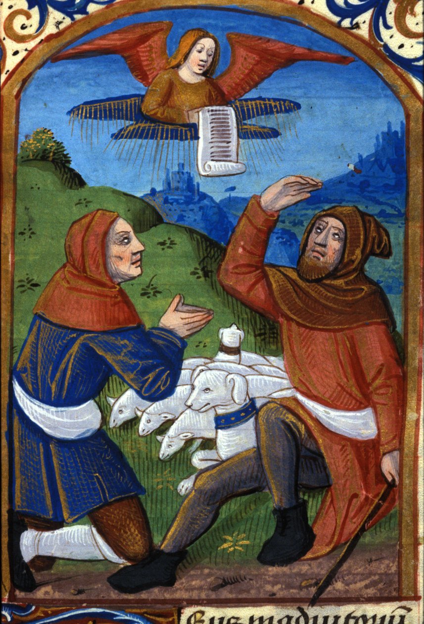El ángel anuncia a los pastores el nacimiento de Jesús. Manuscrito del siglo XV. Biblioteca Nazionale Braidense, Milán de Unknown artist