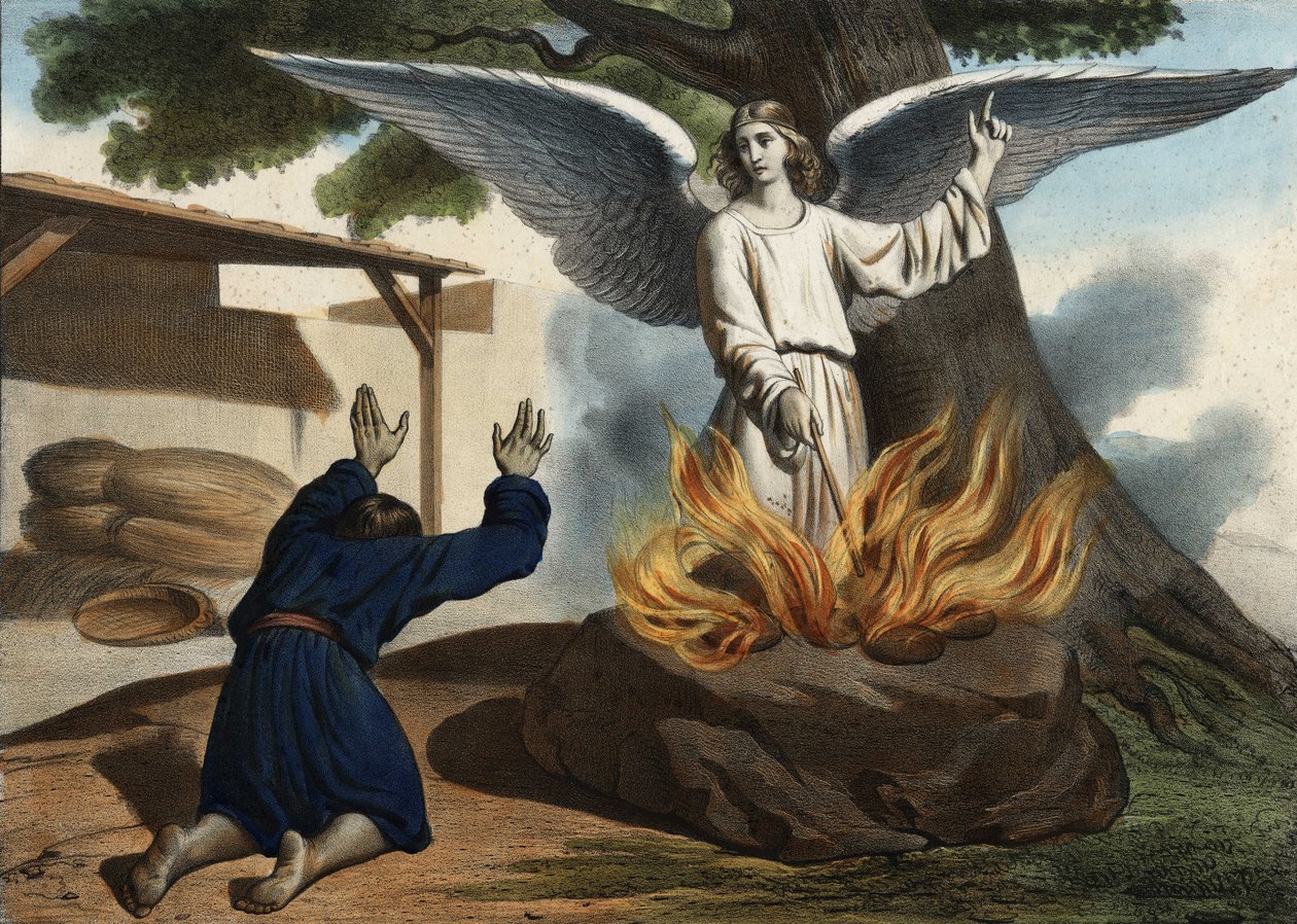 El ángel apareciendo a Gedeón para liberar al pueblo de Israel de la ocupación de los madianitas. Grabado anónimo de mediados del siglo XIX. de Unknown artist