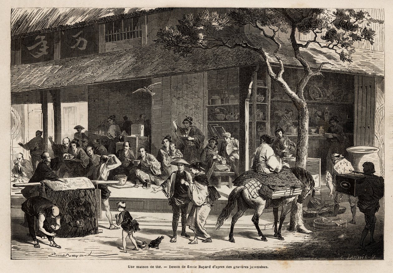 La animación de una casa y las actividades de la calle. Grabado para ilustrar el viaje a Japón, en 1863-1864, por Aime Humbert, ministro de la Confederación Suiza, en 