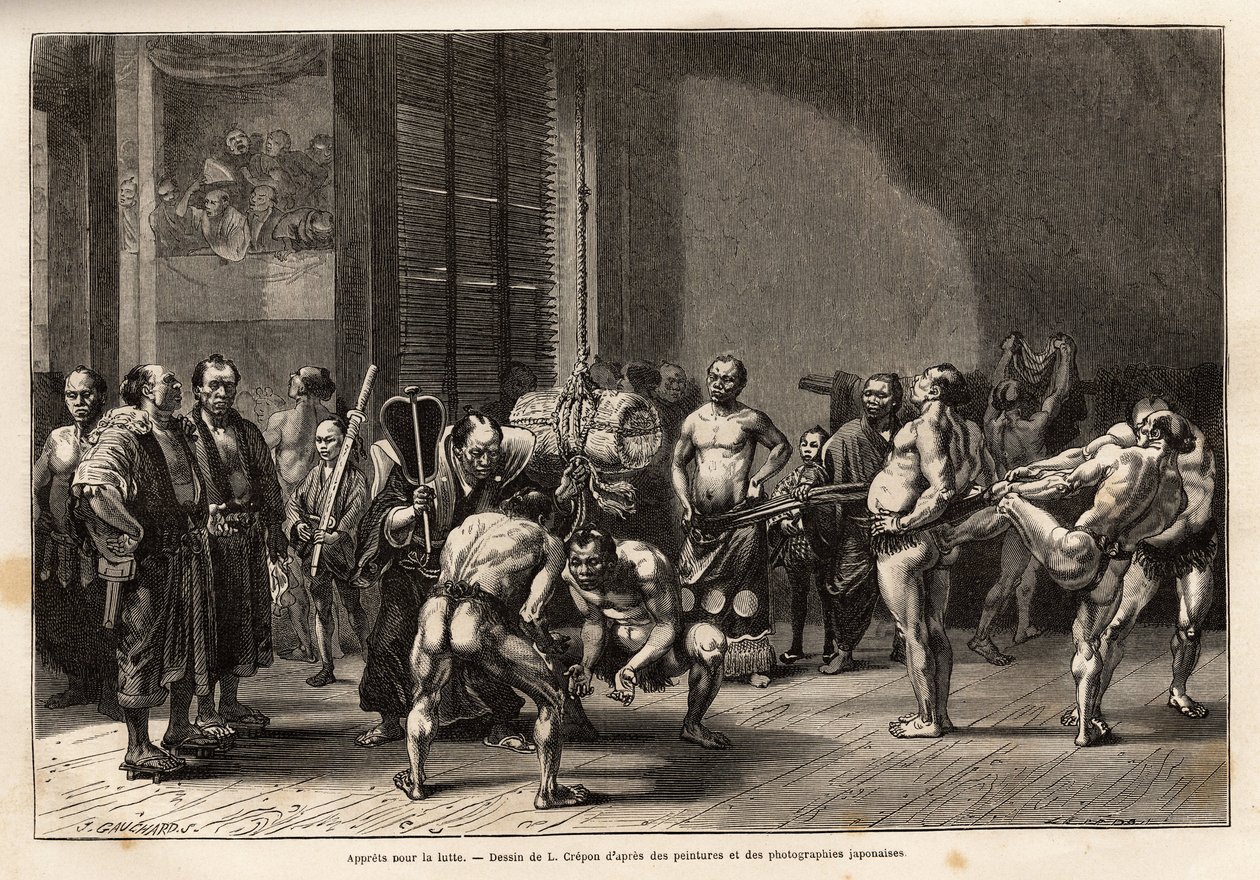Los preparativos para la lucha de sumo, los atletas se calientan, estiran, se peinan y se concentran antes de luchar. Grabado para ilustrar el viaje a Japón, por Aimé Humbert, ministro de la Confederación Suiza, en 1863-1864, publicado en Le tour du monde de Unknown artist