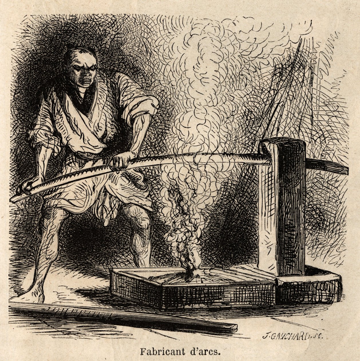 El fabricante de arcos en su taller, expone la madera a la llama de un fuego de astillas, para darles el pliegue necesario de su curvatura. Grabado para ilustrar el viaje a Japón, por Aime Humbert, ministro de la Confederación Suiza, en 1863-1864, publicad de Unknown artist