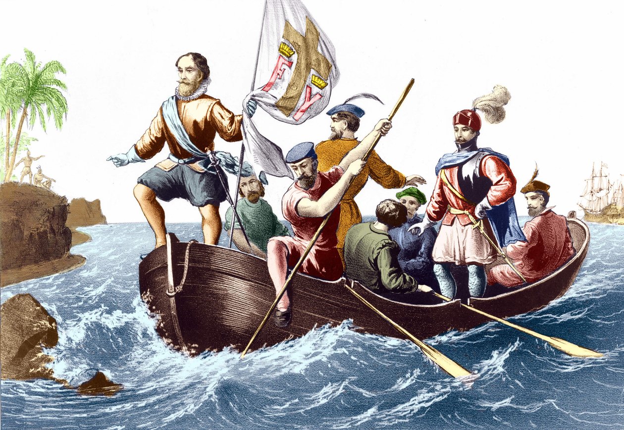 La llegada de Cristóbal Colón a San Salvador el 12/10/1492. Grabado c. 1876 de Unknown artist