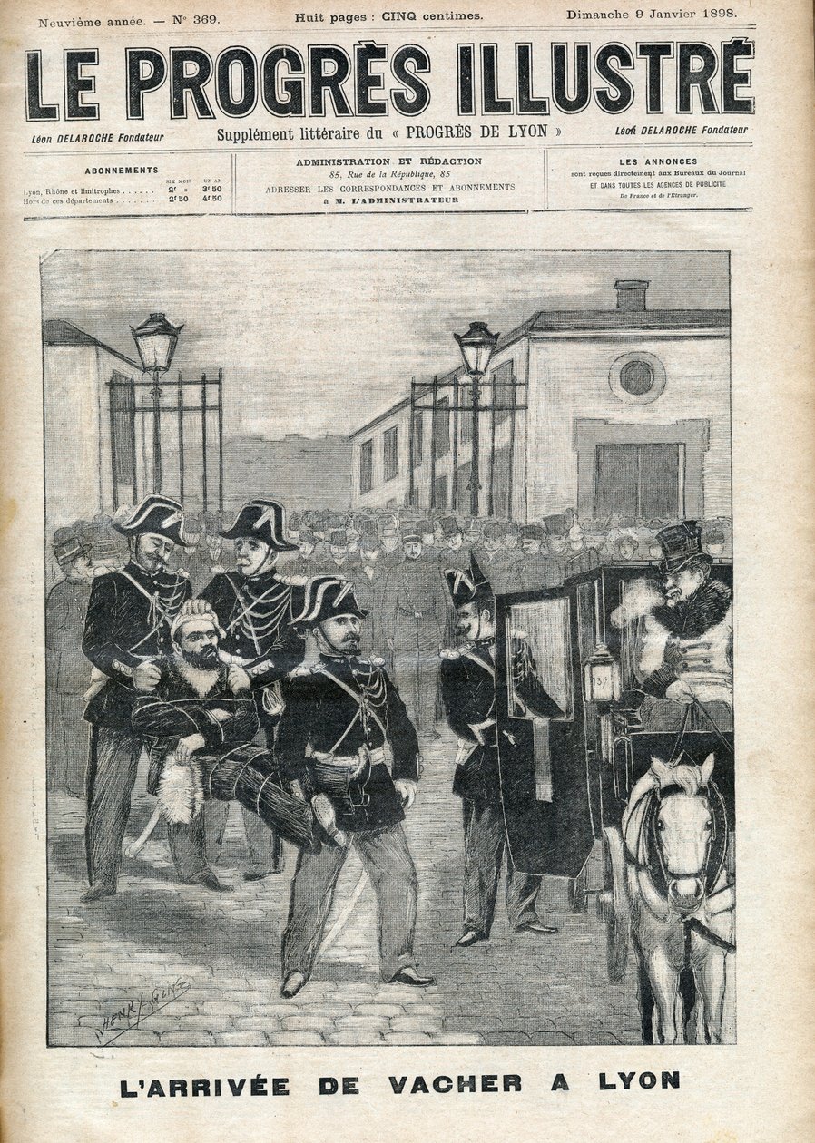 La llegada de Joseph Vacher “el asesino de pastores” (1869-1898) a la prisión de Lyon en 1898 - portada de “El progresista-ilustrado” del 9 de enero de 1898 de Unknown artist