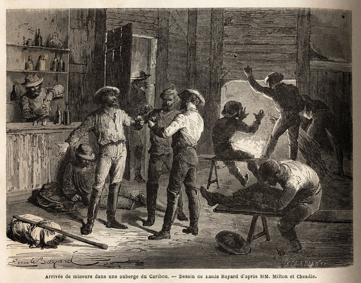 La llegada de mineros a una posada de Caribou (Canadá), escenas de relajación y reencuentro, con una bebida. Grabado para ilustrar el viaje del Atlántico al Pacífico (ruta del noroeste por las tierras), en 1862-1864 por el vizconde Milton y el doctor Chead de Unknown artist