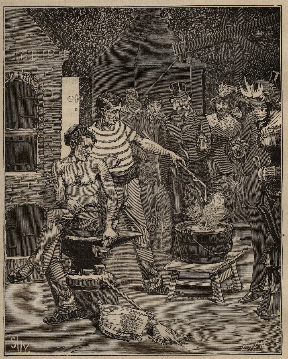 El arte del vidrio: experiencia de lágrimas batávicas. Gotas de vidrio fundido se dejan caer en un baño de agua fría, que se congelan en forma de lágrimas. Grabado de 1885 en "Les arts et metiers illustres" por Adolphe BITARD de Unknown artist